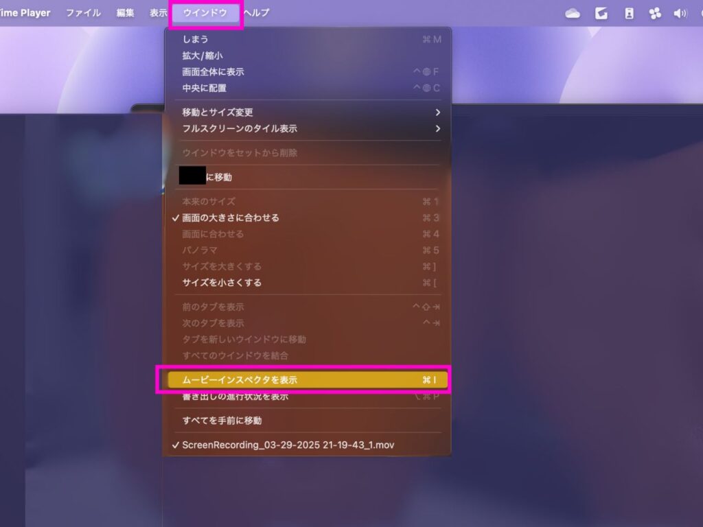 ウインドウ＞ムービーインスペクタを表示