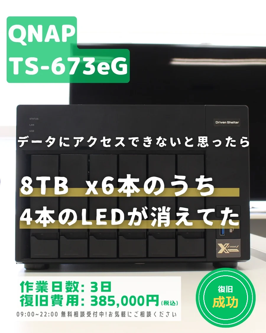 QNAP TS-673eG (8TB×6) — 6本のうち4本のLEDが消えていた｜データ復旧事例