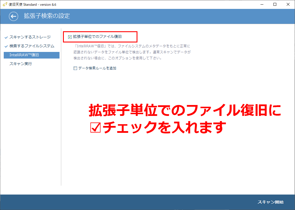復旧天使 IntelliRAWスキャン（拡張子単位）の設定画面