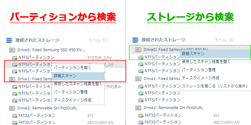 復旧天使 RAW復旧 スキャンtarget(ストレージ)の選択画面