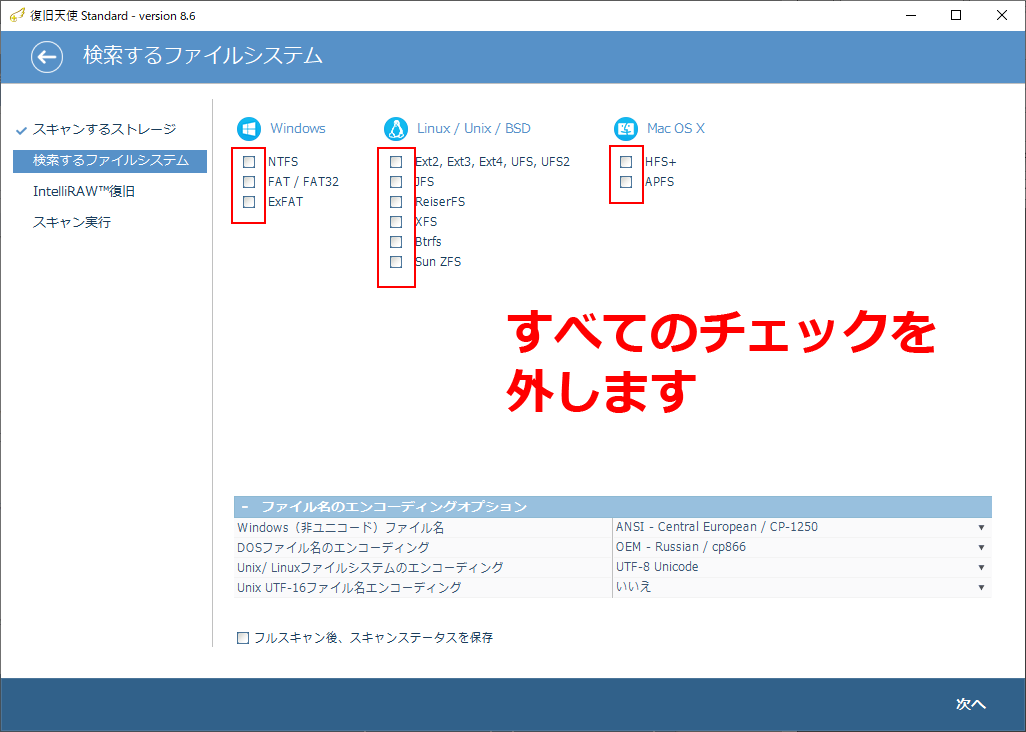復旧天使 ファイルシステムのチェックをすべて外す画面
