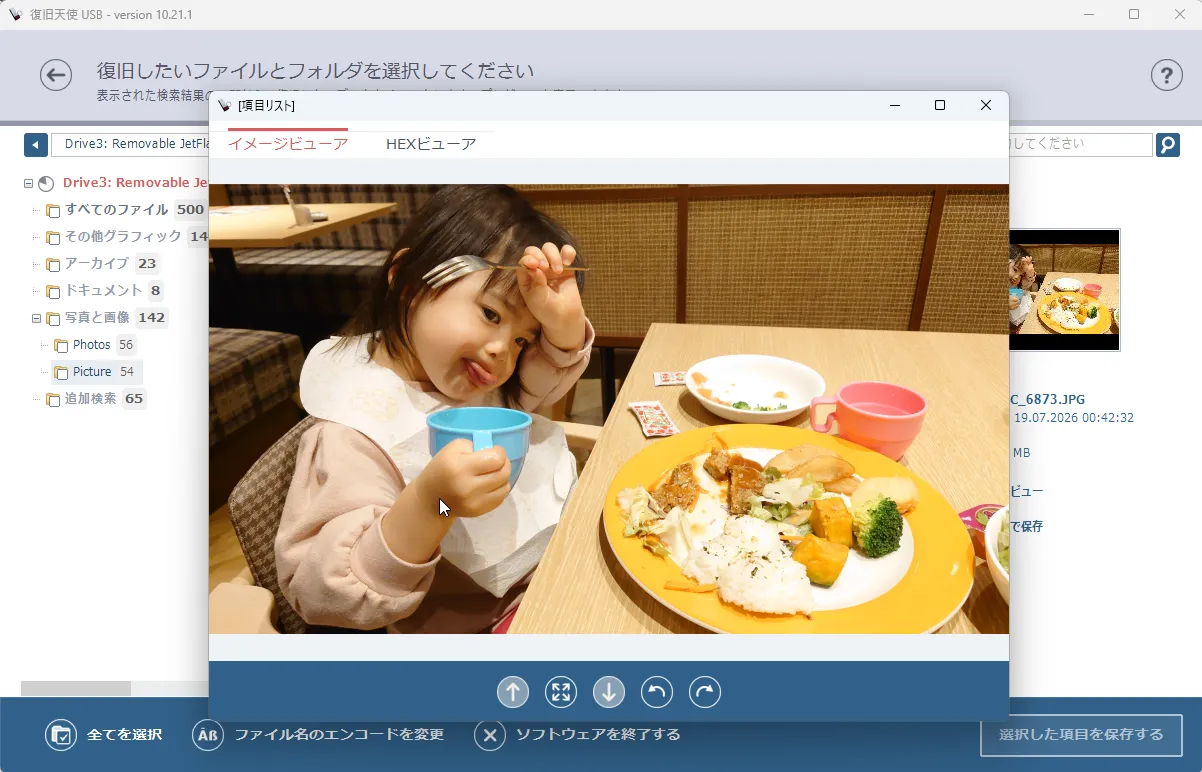 USBメモリ復旧 3段階 - スキャン結果とパーティション・ファイル一覧プレビュー画面